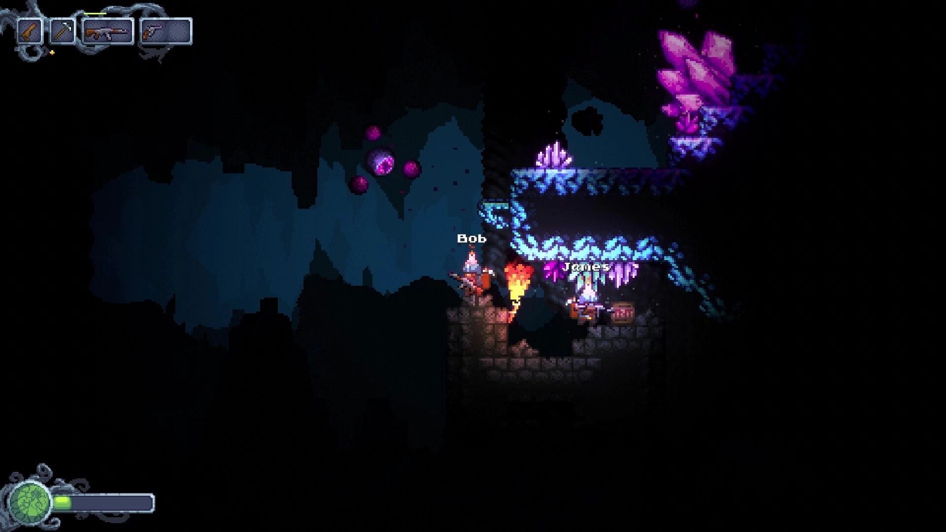 Cavescape: Bob and Jones explore a crystal-lit cave with weapons drawn, surrounded by dark shadows.