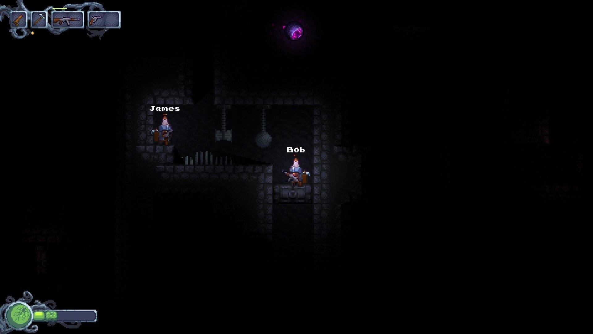 Cavescape: Characters James and Bob navigate dark cave with grappling hooks and visible health status.