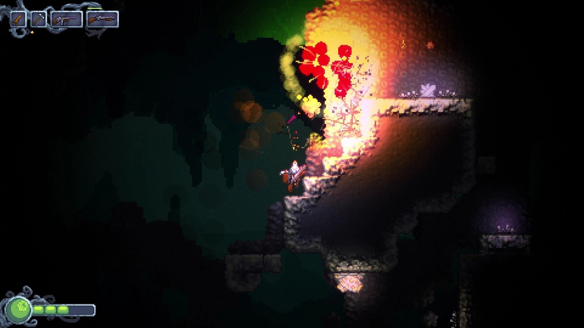 Cavescape: Explosive combat on rocky ledge with grappling hook and weapon interface in dark cave setting