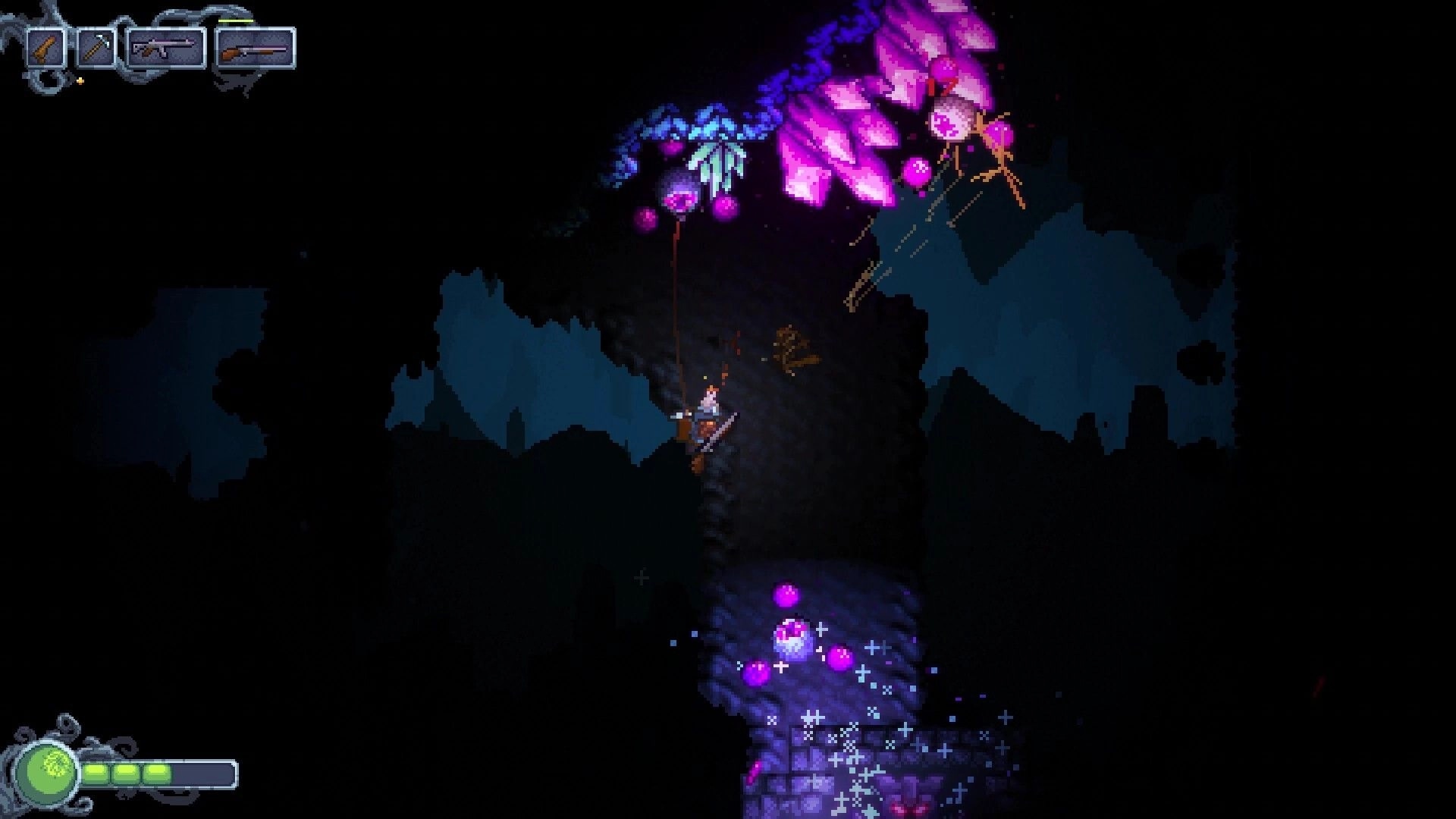 Cavescape: Player uses grappling hook in dark cave with glowing crystals and enemies above.