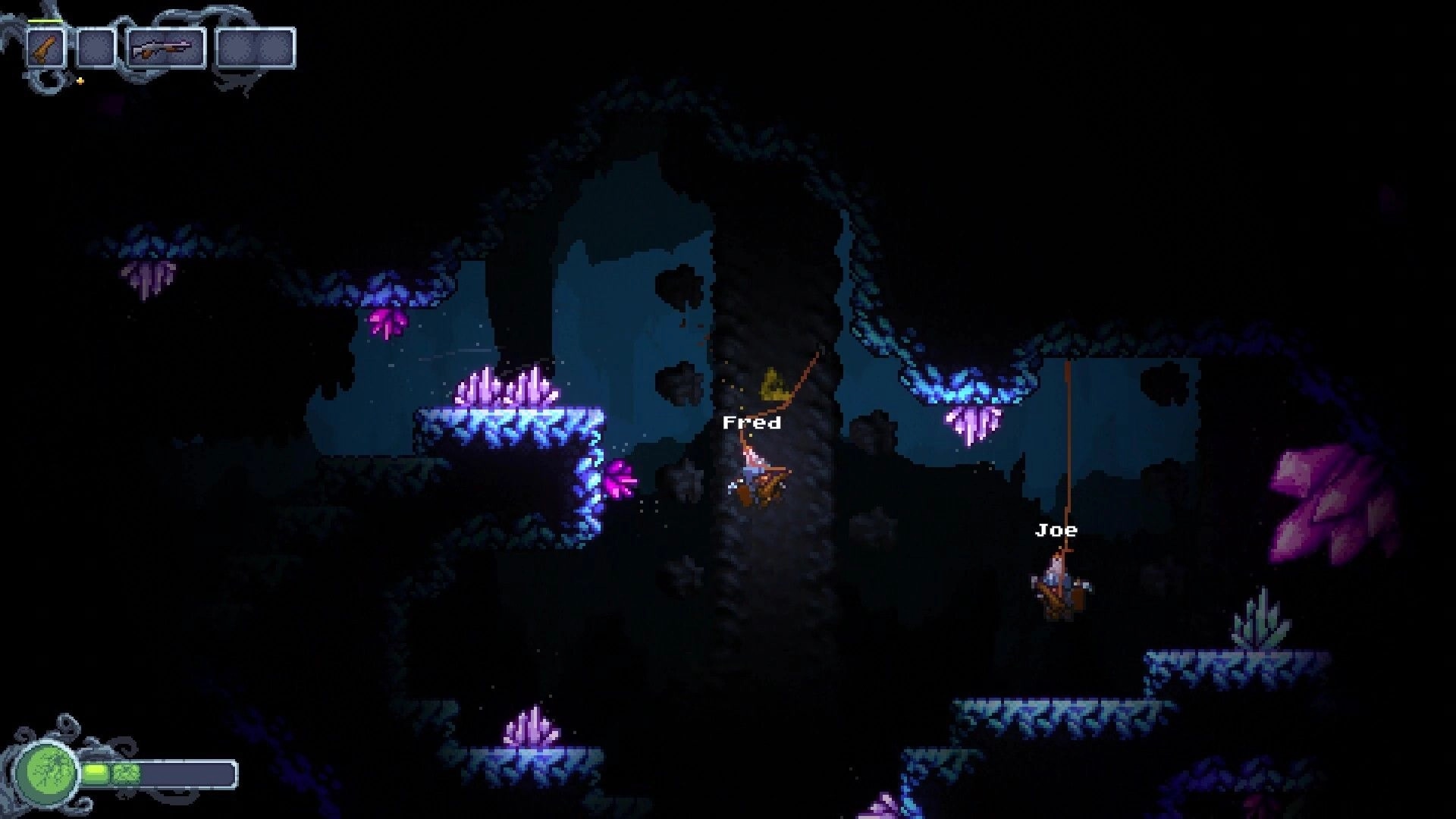 Cavescape: Player using grappling hook over glowing purple pool in dark cave with crystal clusters