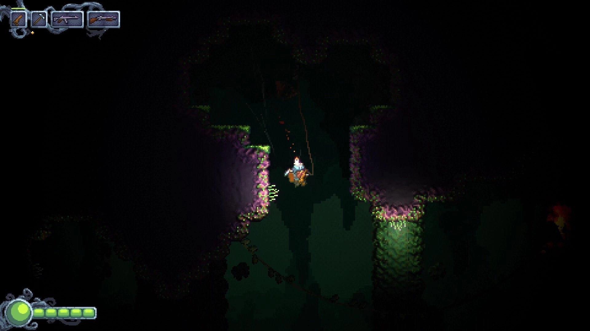 Cavescape: James and Bob engage in combat with enemies using grappling hooks in a dimly lit cave.