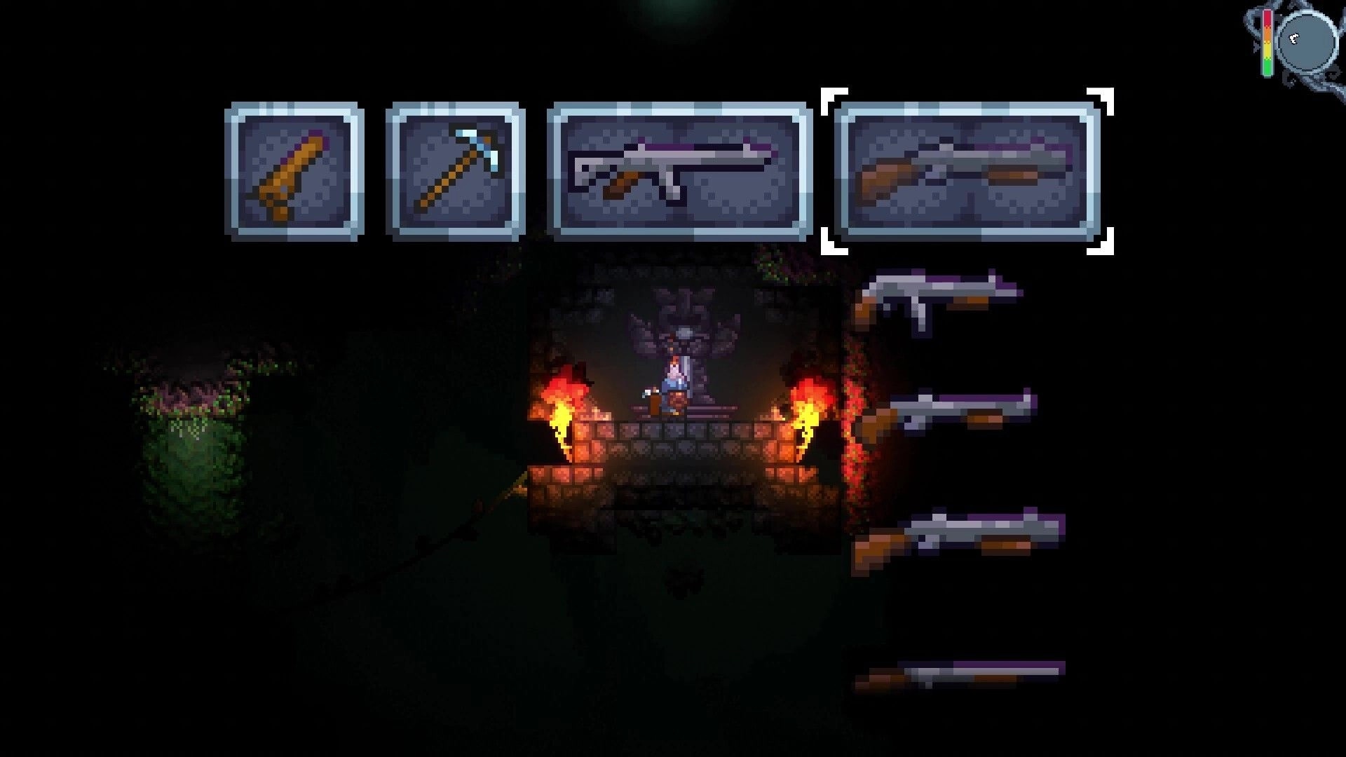Cavescape: Character standing between torches, weapon inventory displayed in dark cave environment
