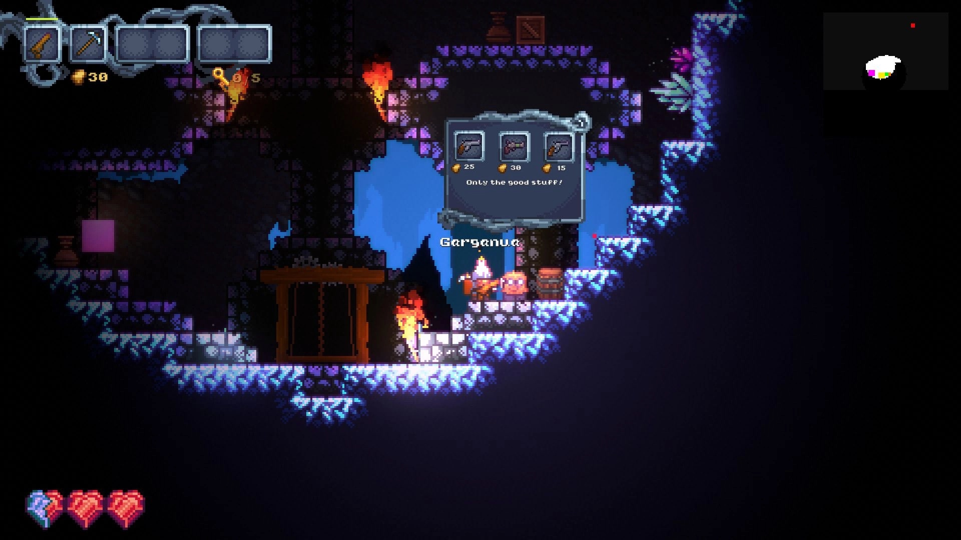 Cavescape: Garganua in icy cave shop with weapons menu, torches, and heart health display