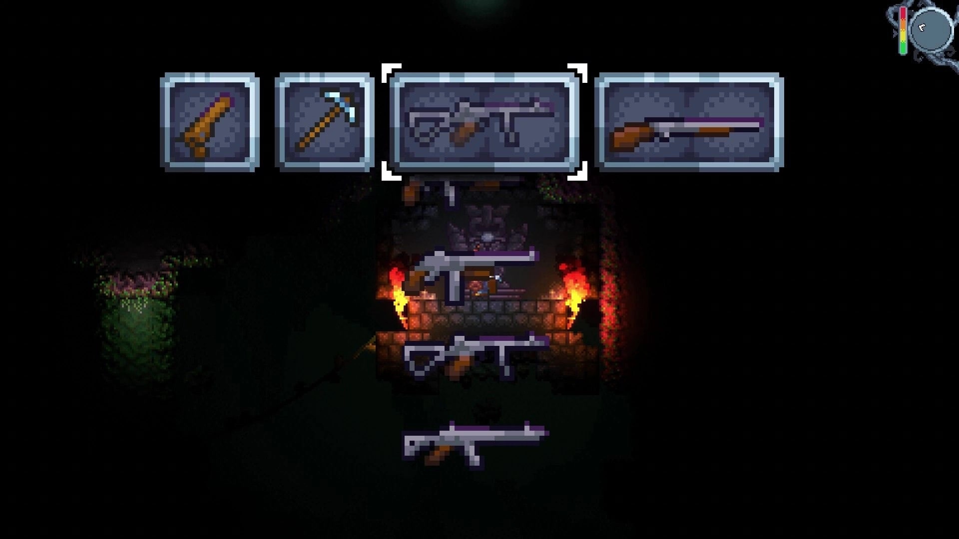Cavescape: Weapon selection interface with a variety of guns above a dimly lit dungeon chamber