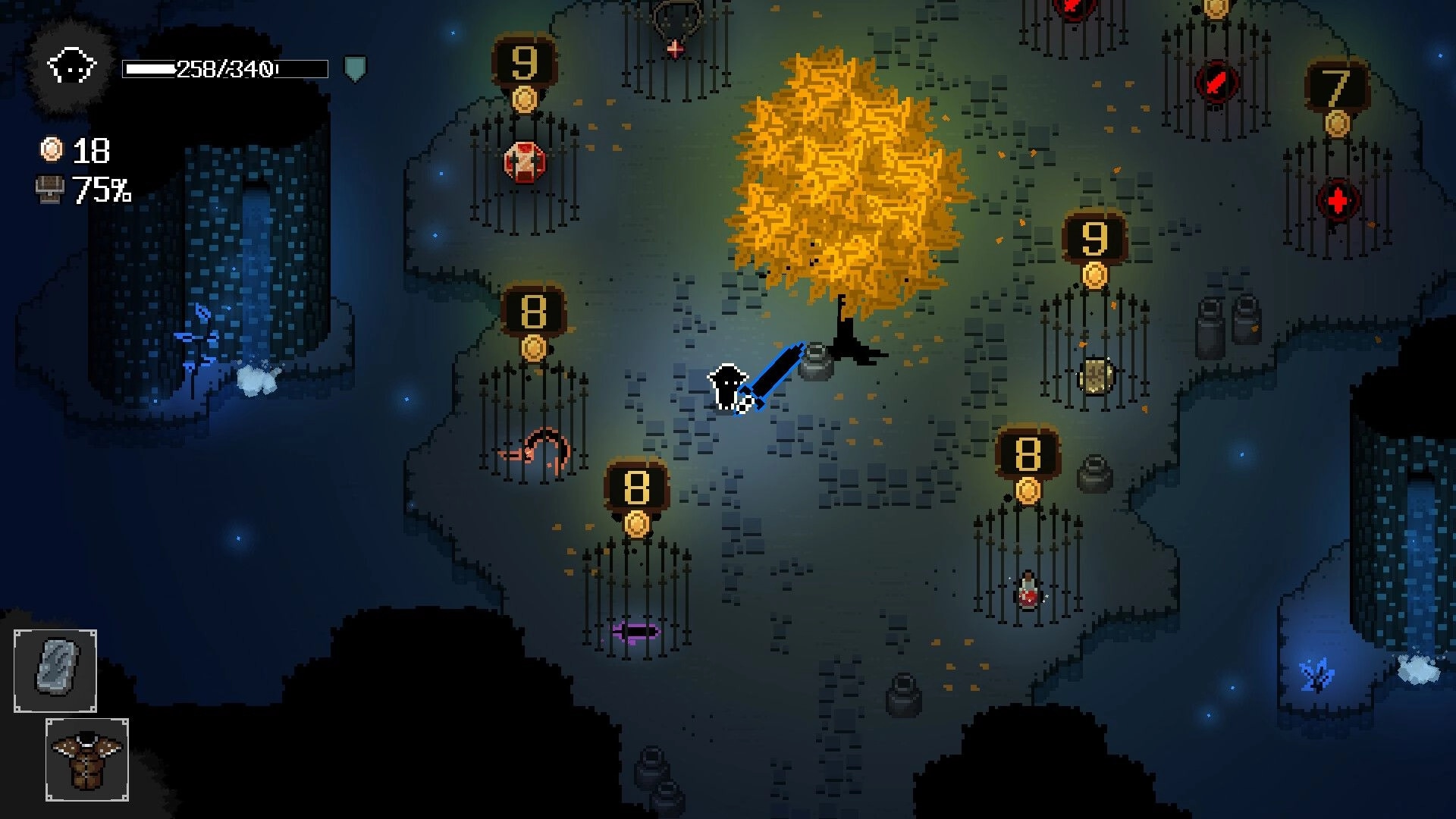 Caveshifter: Hooded hero with blue sword near gold tree and level gates in a dark dungeon hub.