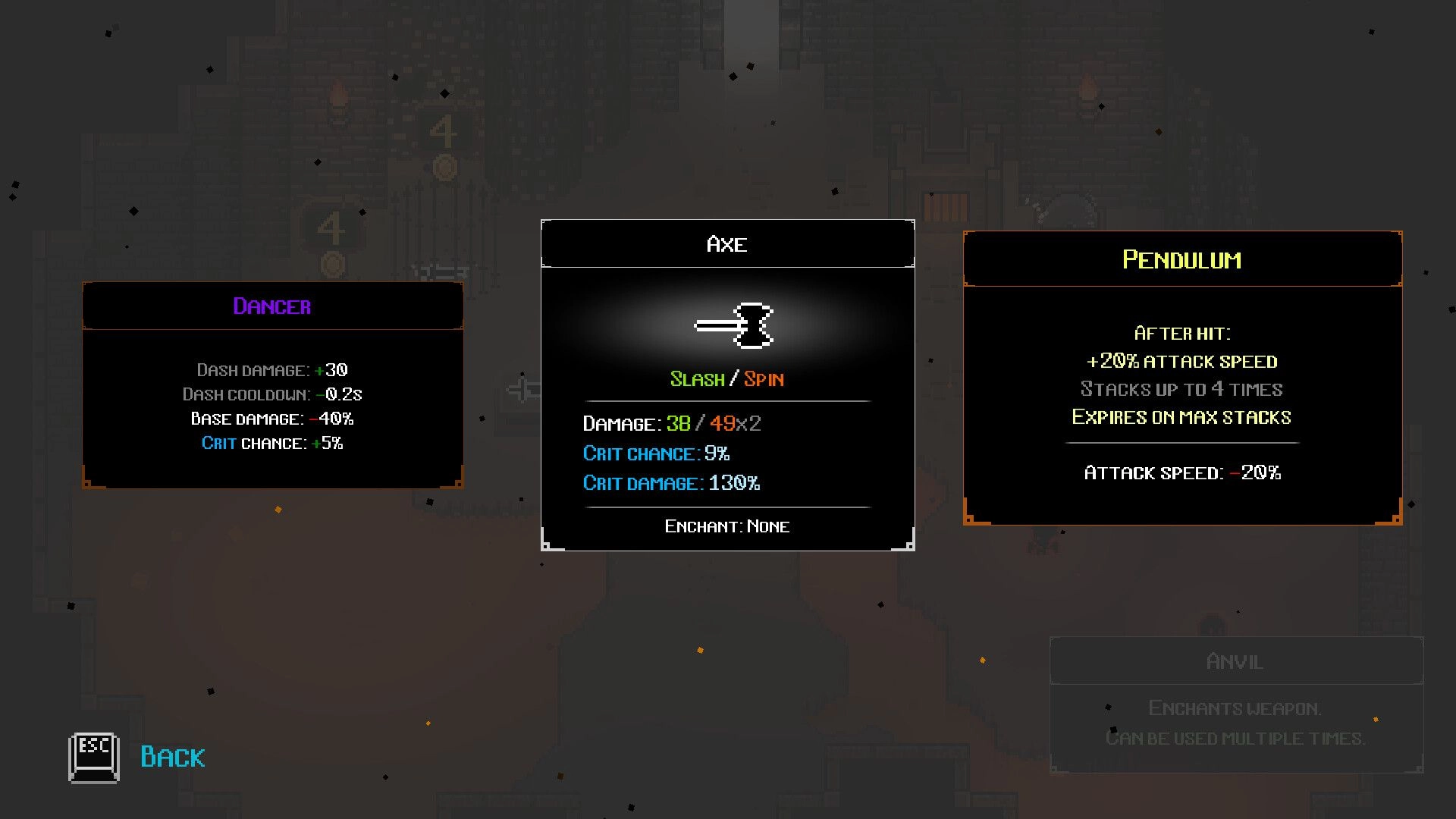 Caveshifter: Upgrade selection UI with Dancer, Axe stats, and Pendulum perk in dim dungeon room.
