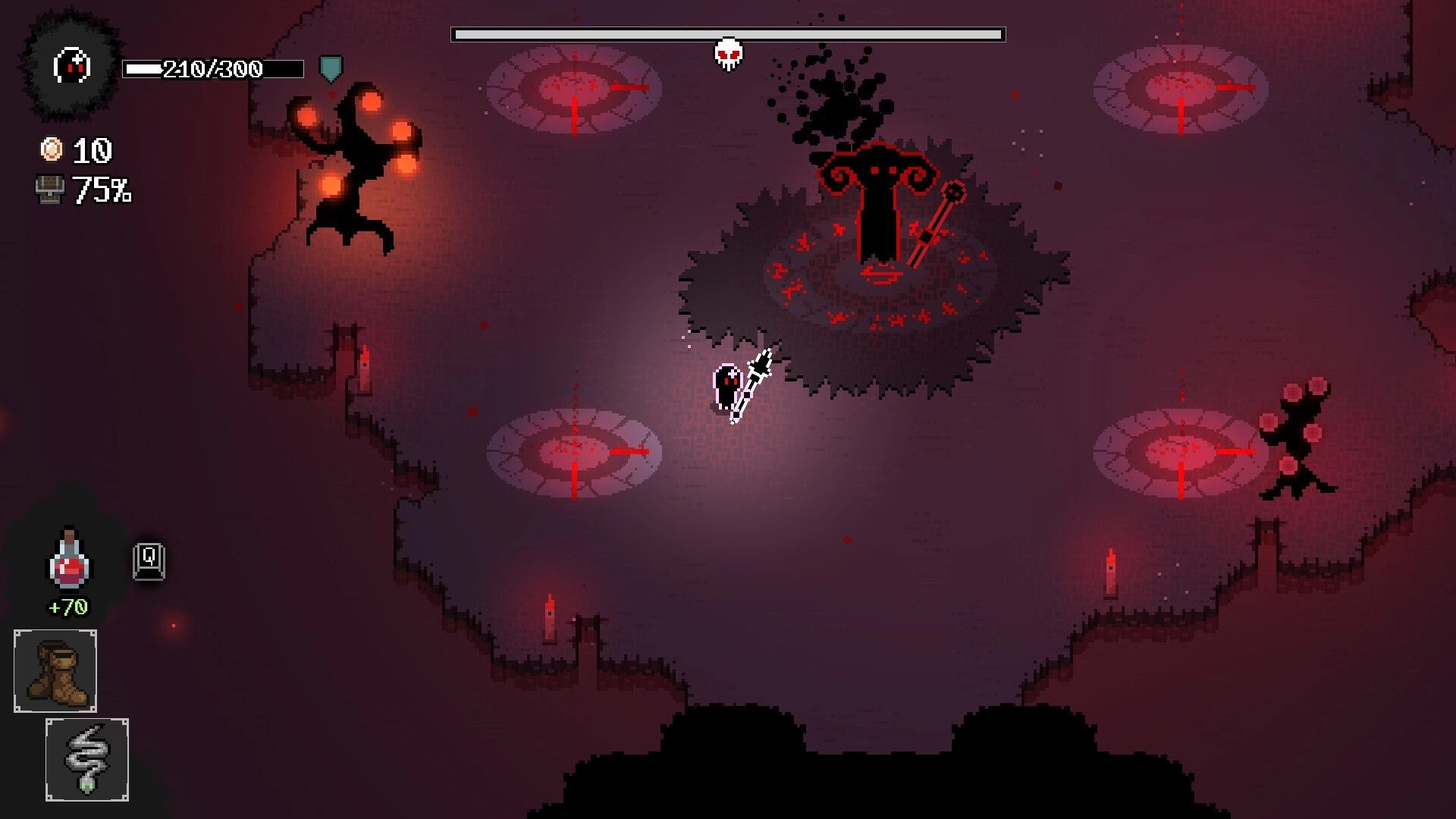 Caveshifter: Player with sword nears red altar as target circles glow in a dark cavern arena UI visible.