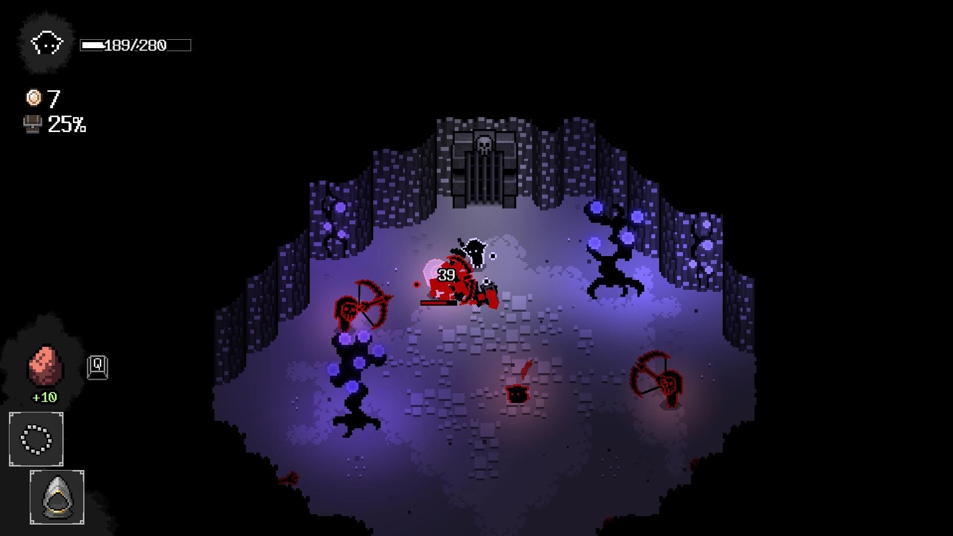 Caveshifter: Player slashes a red archer enemy as damage pops up in a purple crystal cave room.