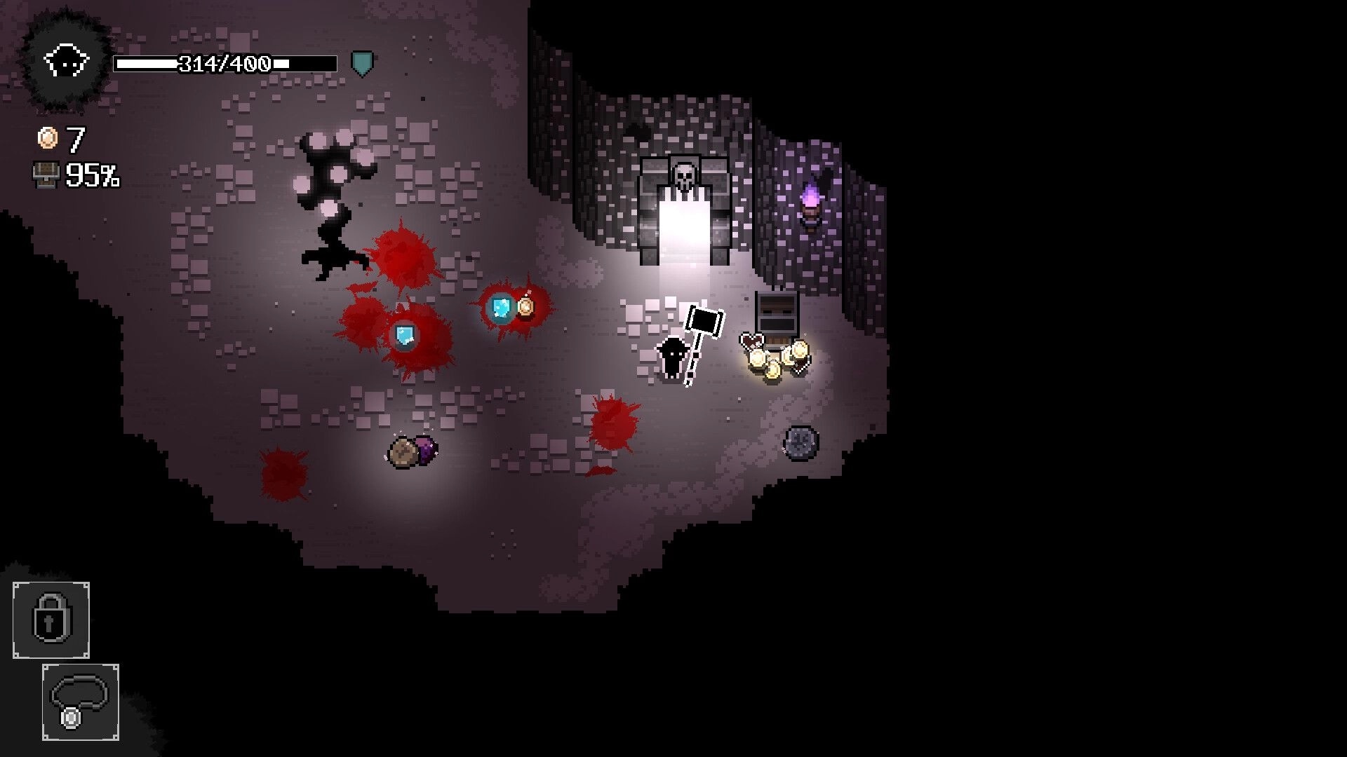 Caveshifter: Hooded hero loots coins by a glowing doorway in a dark stone cave, HUD at 314/400.