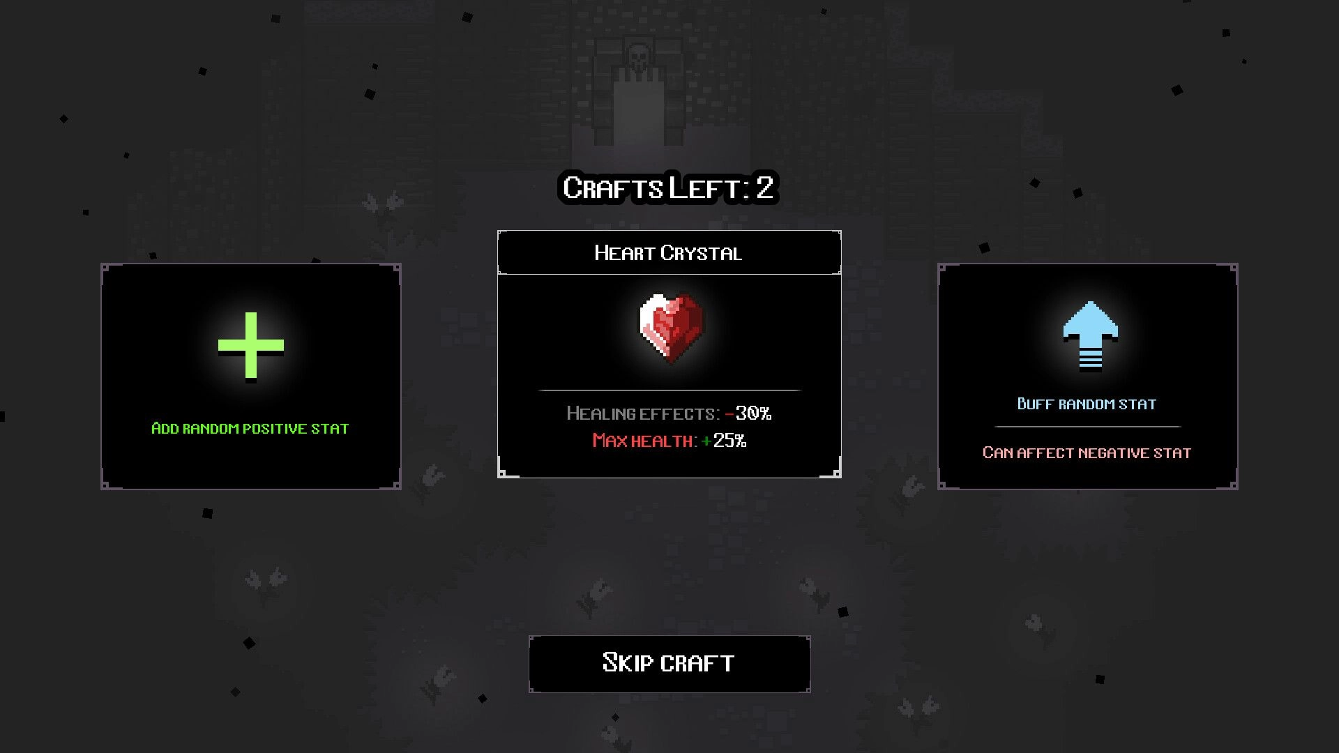Caveshifter: Craft selection UI with Heart Crystal and stat buffs over a dim dungeon backdrop.
