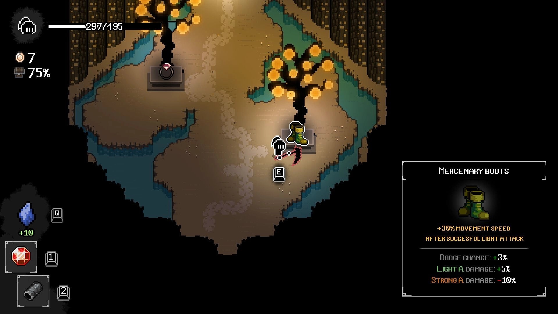 Caveshifter: Player inspects Mercenary Boots loot with stats panel open in a cavern by water and trees.