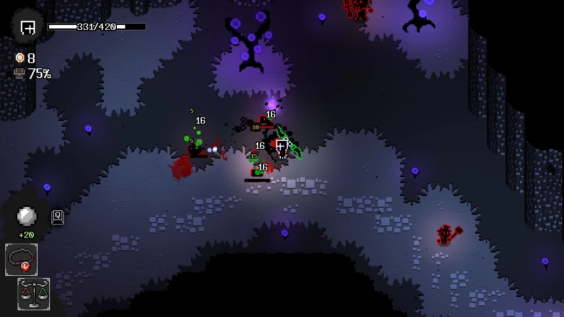 Caveshifter: Player slashes clustered foes as damage numbers pop in a dark cave with purple fungi glow.