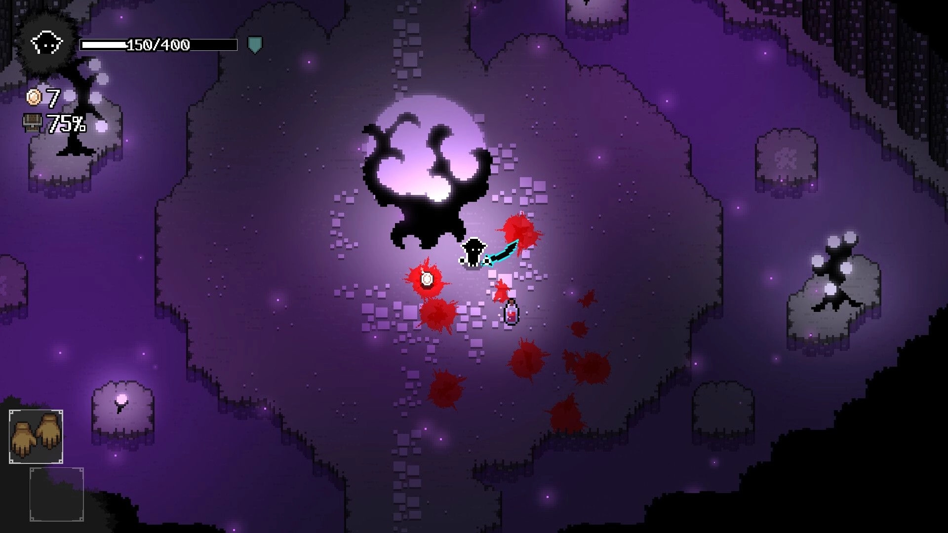 Caveshifter: Player swings sword at red orb near horned shadow altar in purple cavern room UI visible.