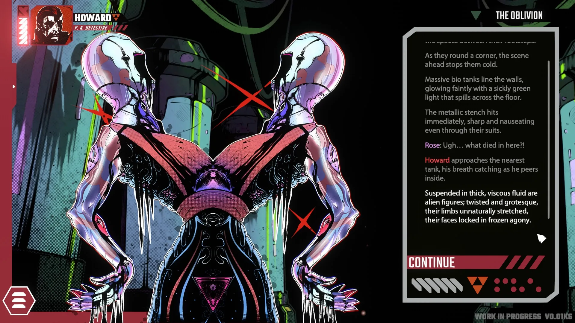 Celestial Return: Howard faces alien figures in bio tanks, eerie green light fills the dark chamber.
