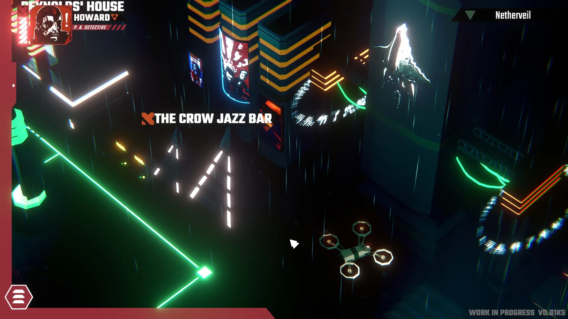 Celestial Return: Howard investigates near The Crow Jazz Bar in neon-lit Netherveil streets.