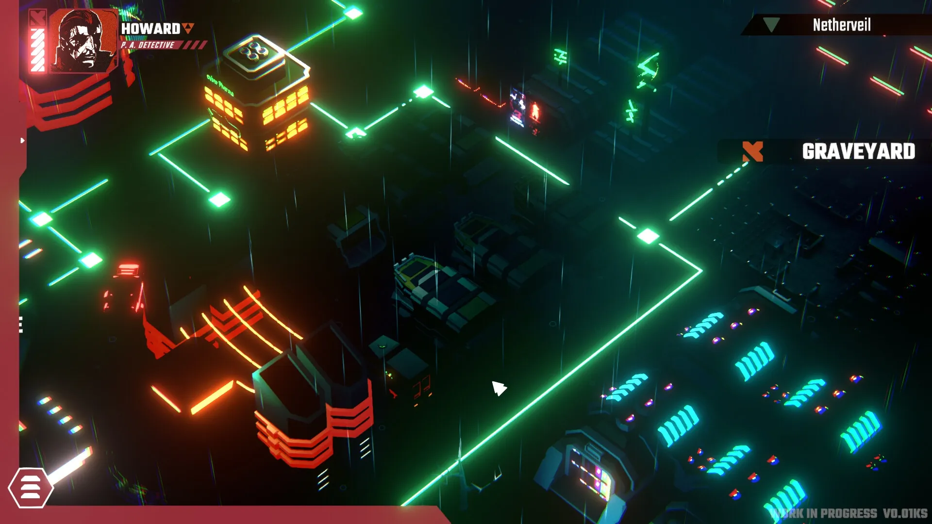 Celestial Return: Howard explores neon-lit graveyard in the rain, navigating glowing pathways and buildings.