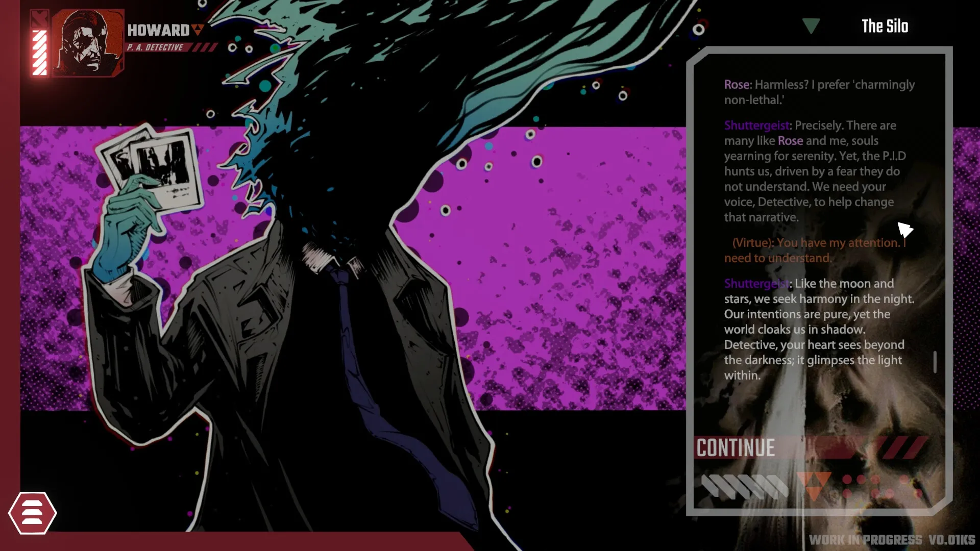 Celestial Return: Howard holding photos with dialogue choices in The Silo, purple abstract background