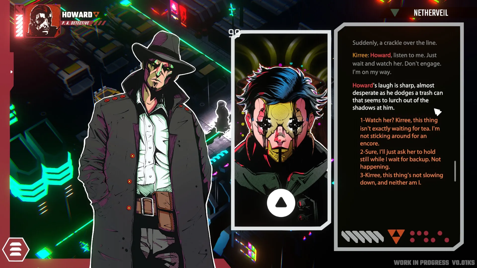 Celestial Return: Howard encounters masked figure in neon-lit street with dialogue options displayed.