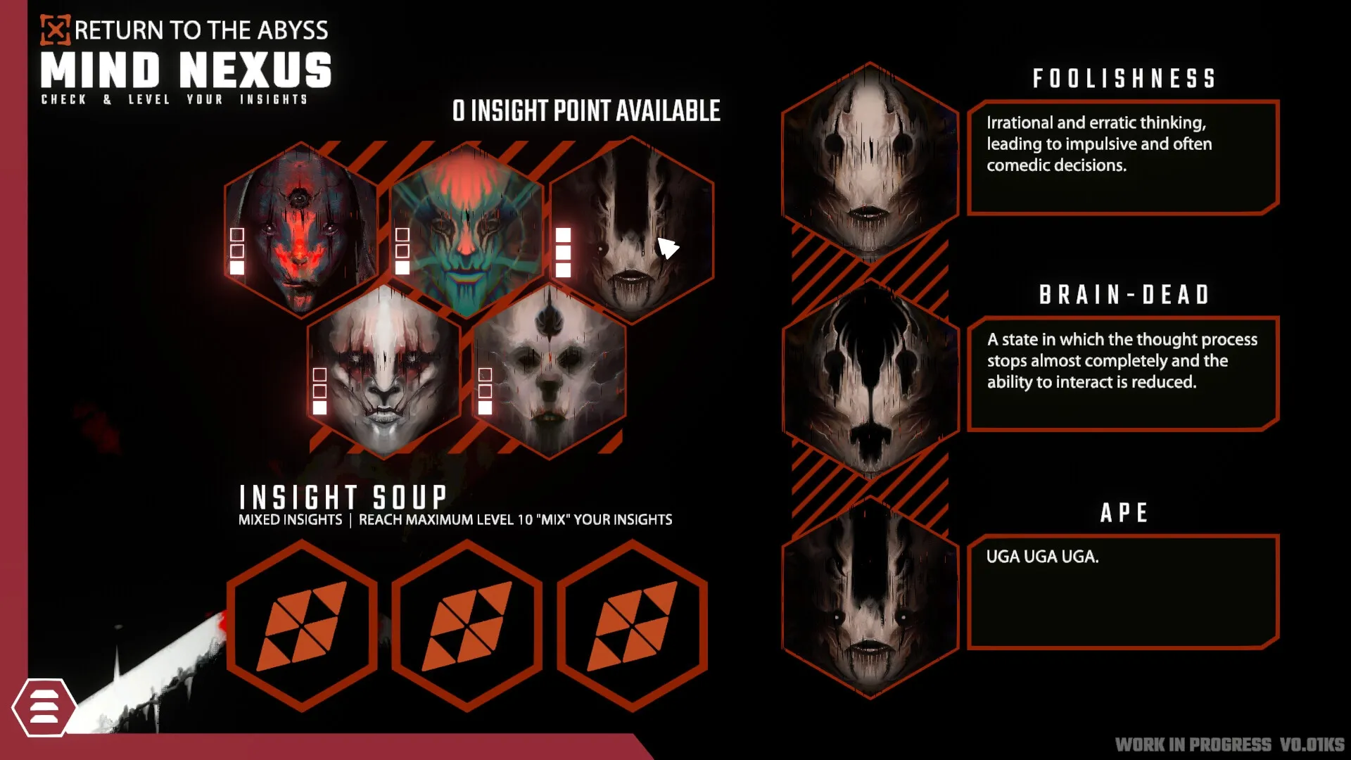 Celestial Return: Insight selection screen with various character faces and descriptions on dark UI.
