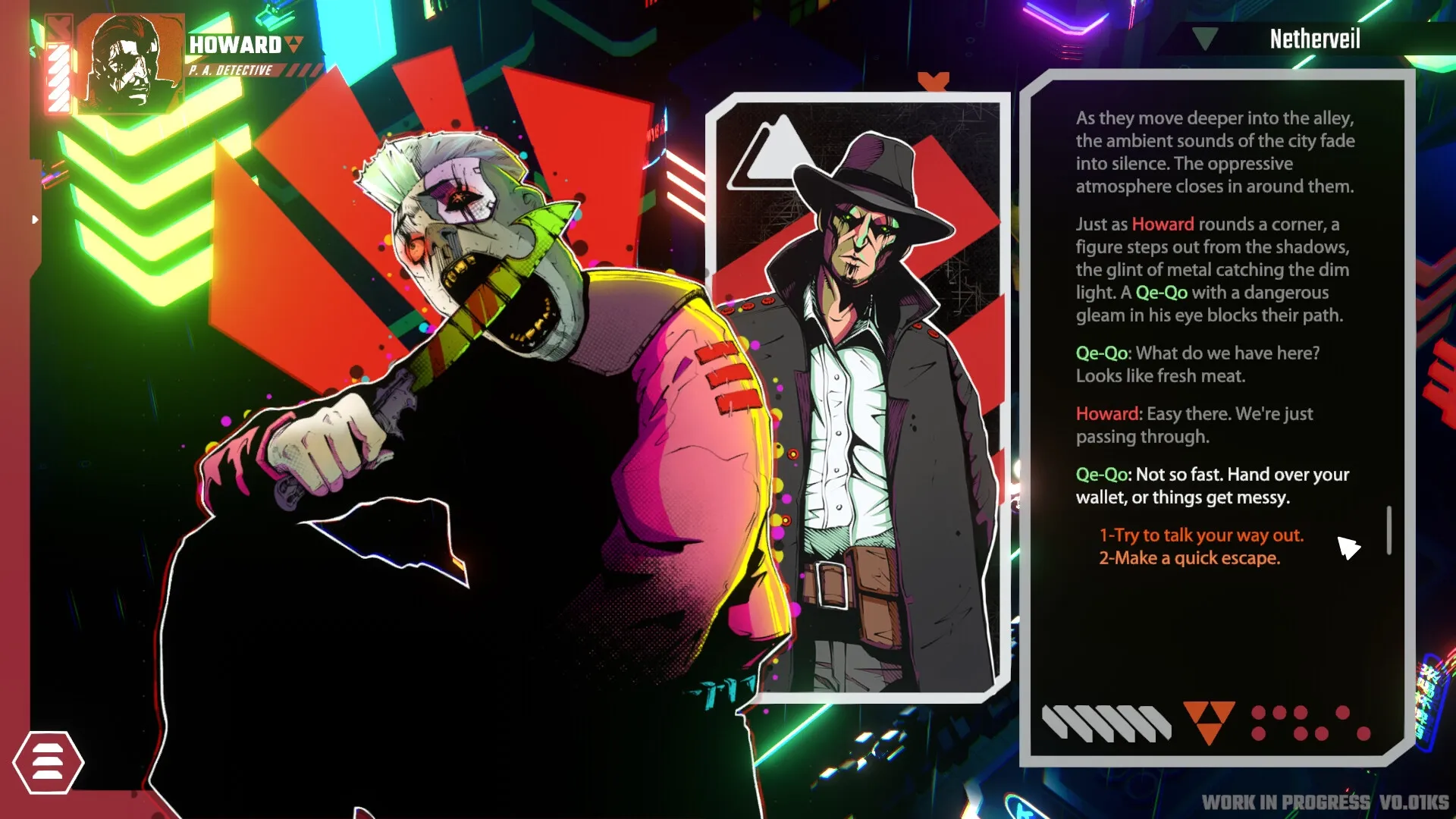 Celestial Return: Howard faces a menacing figure in a neon-lit alley with dialogue and choice options.