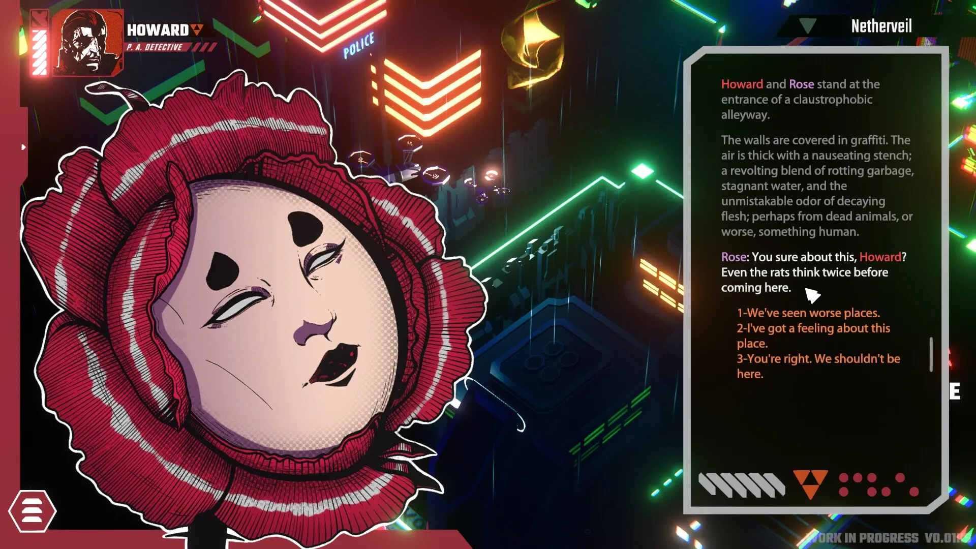 Celestial Return: Howard and Rose in neon-lit alleyway with dialogue choices and character portrait.