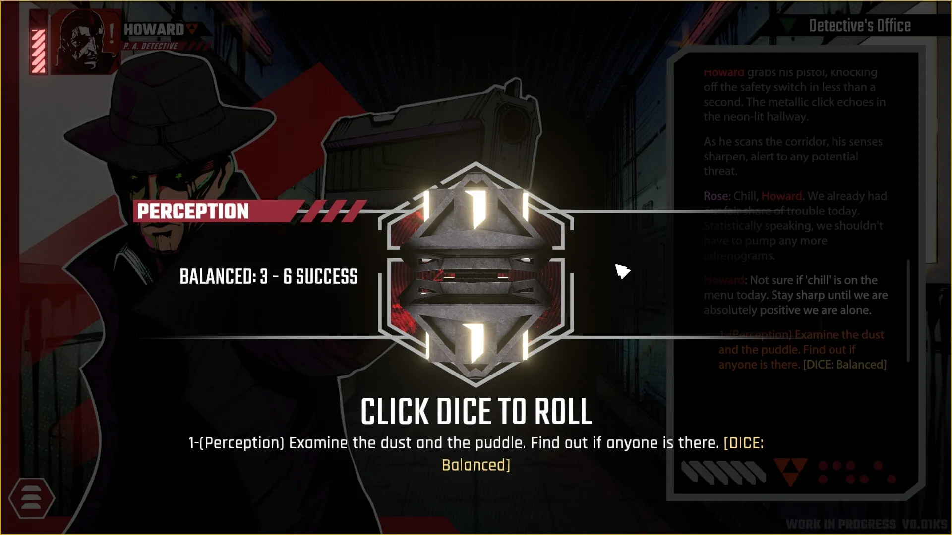 Celestial Return: Howard in perception check with dialogue options in neon-lit Detective's Office