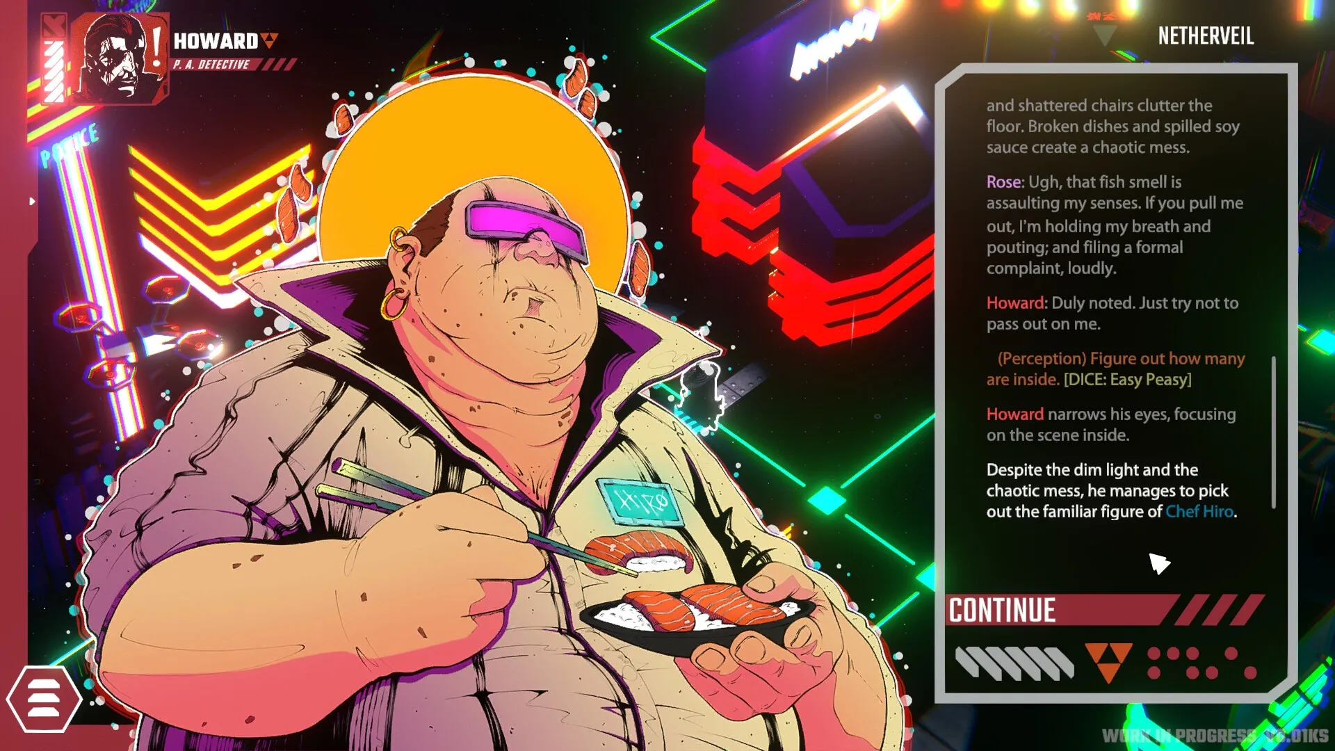 Celestial Return: Howard eating sushi amidst neon lights and dialogue options in a cyberpunk cityscape.