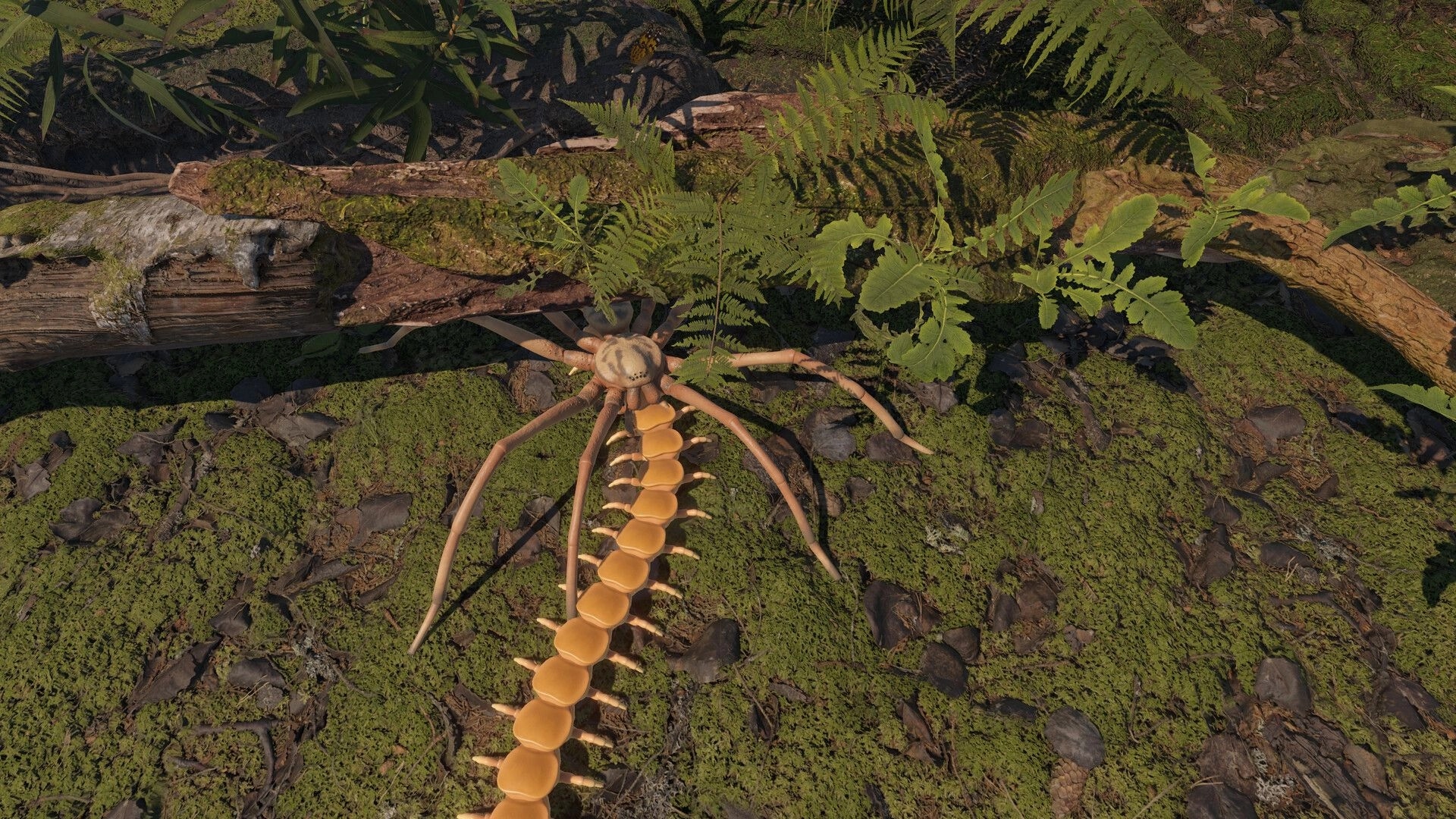 Centipede Simulator: Giant centipede crawls over mossy forest floor beside fallen logs and ferns.