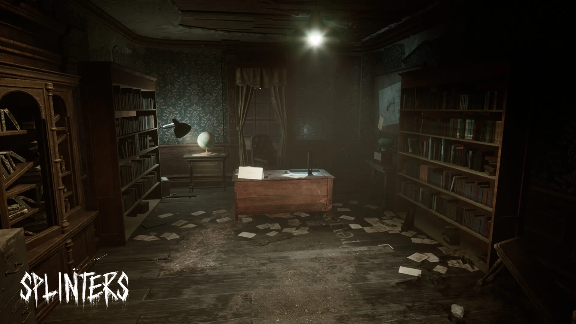 Cerebral Escape Series: Dimly lit library with scattered papers and a globe on a wooden desk