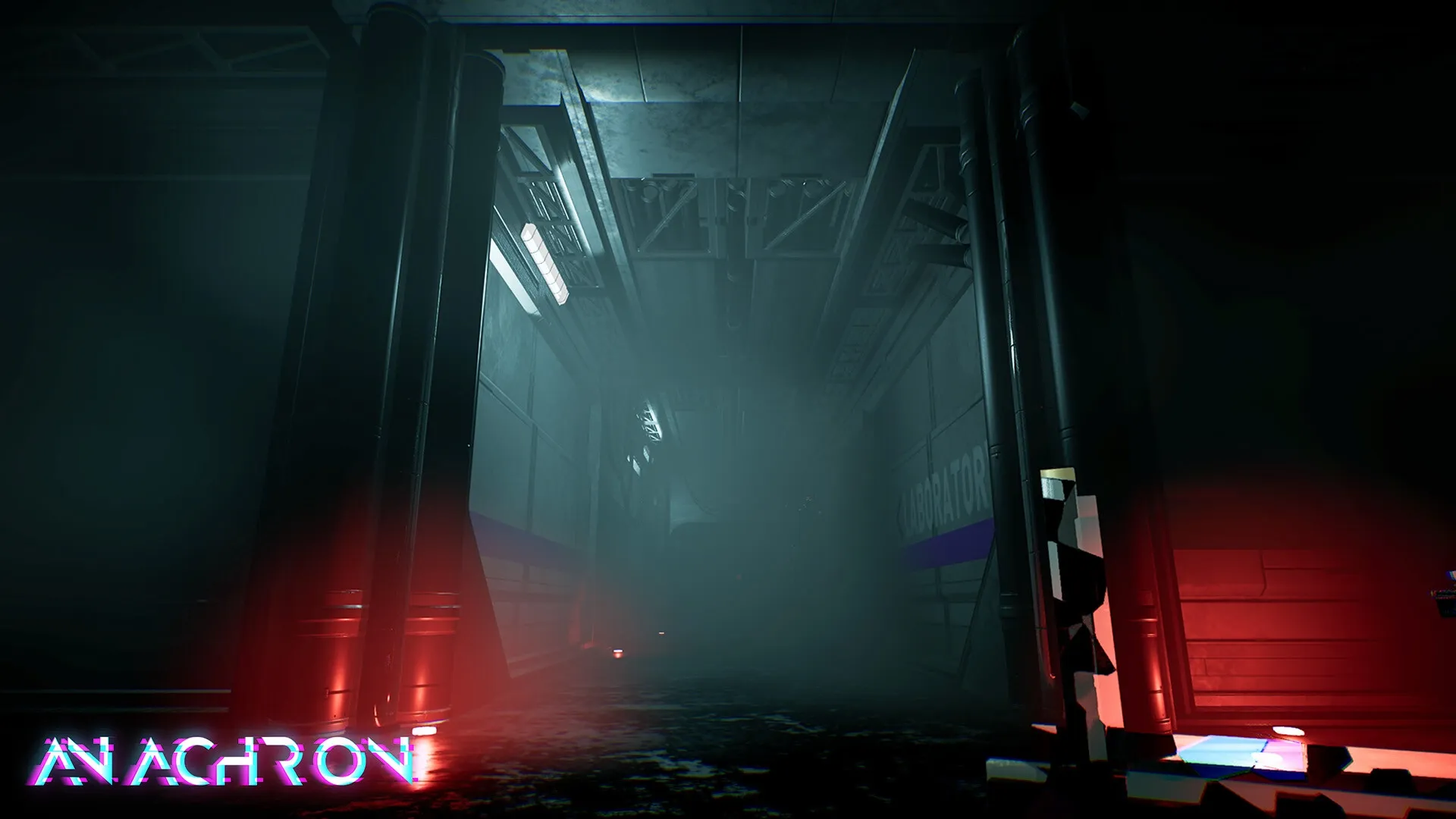 Cerebral Escape Series: Dimly lit corridor with red glow and "Anachron" text in eerie laboratory setting