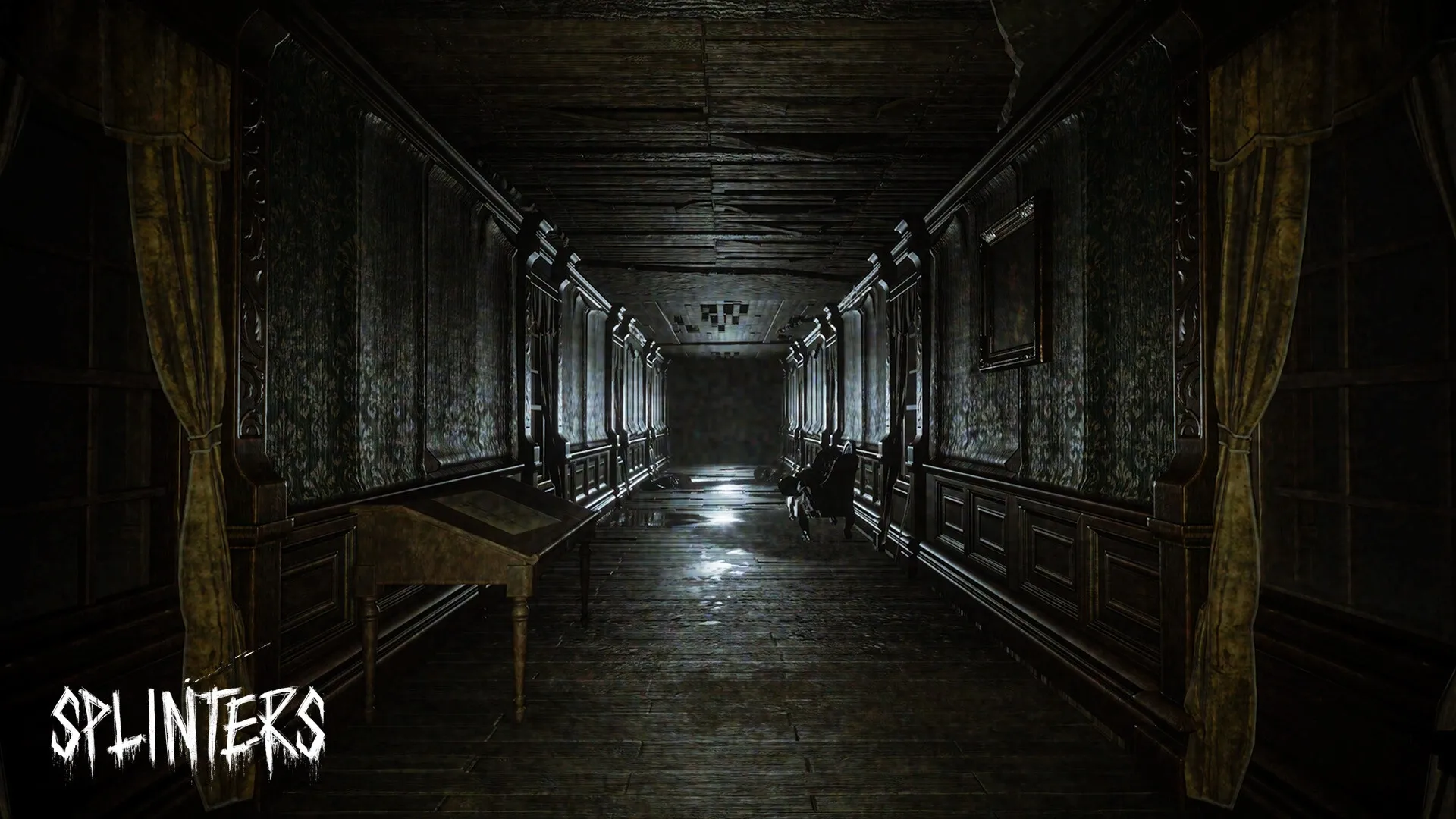 Cerebral Escape Series: Dark wooden hallway with ornate drapes and eerie lighting in Splinters game setting