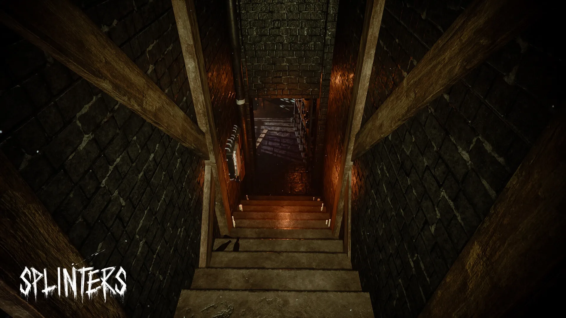 Cerebral Escape Series: Descending dimly lit wooden stairs into a shadowy brick-walled basement
