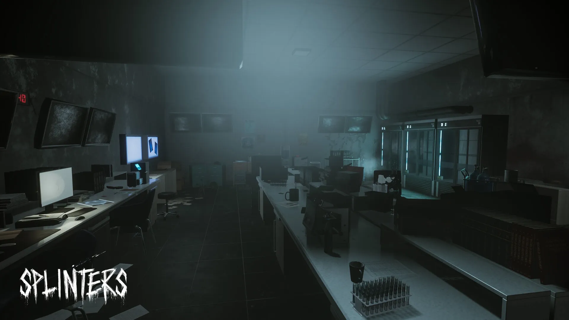 Cerebral Escape Series: Dimly lit lab with scattered papers, computer screens, and eerie atmosphere