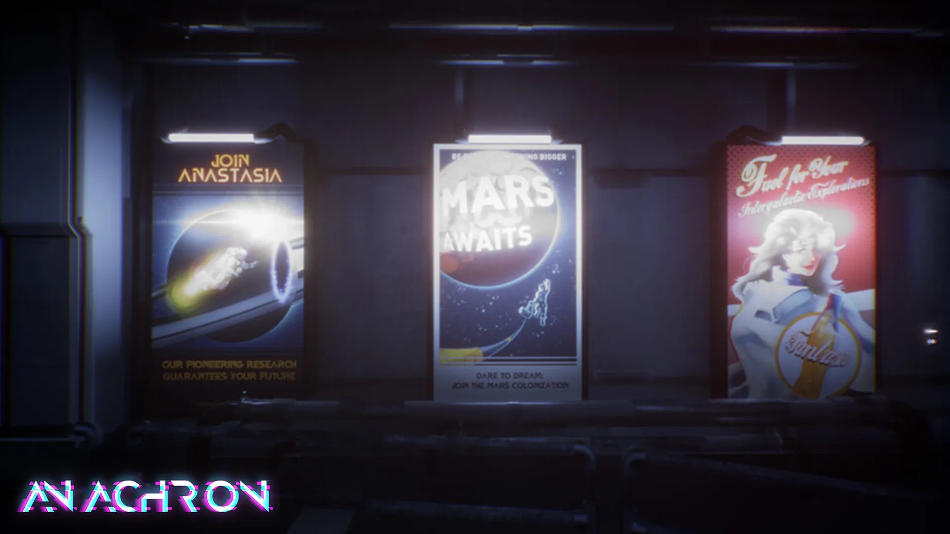 Cerebral Escape Series: Illuminated futuristic posters in a dimly lit corridor environment