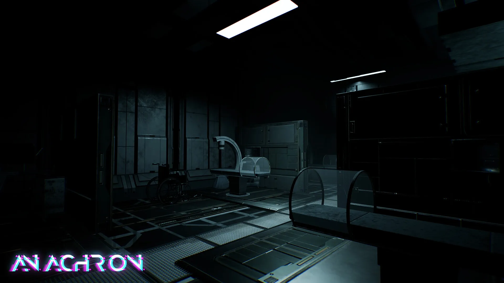 Cerebral Escape Series: Dimly lit lab with medical equipment and a wheelchair in a futuristic setting