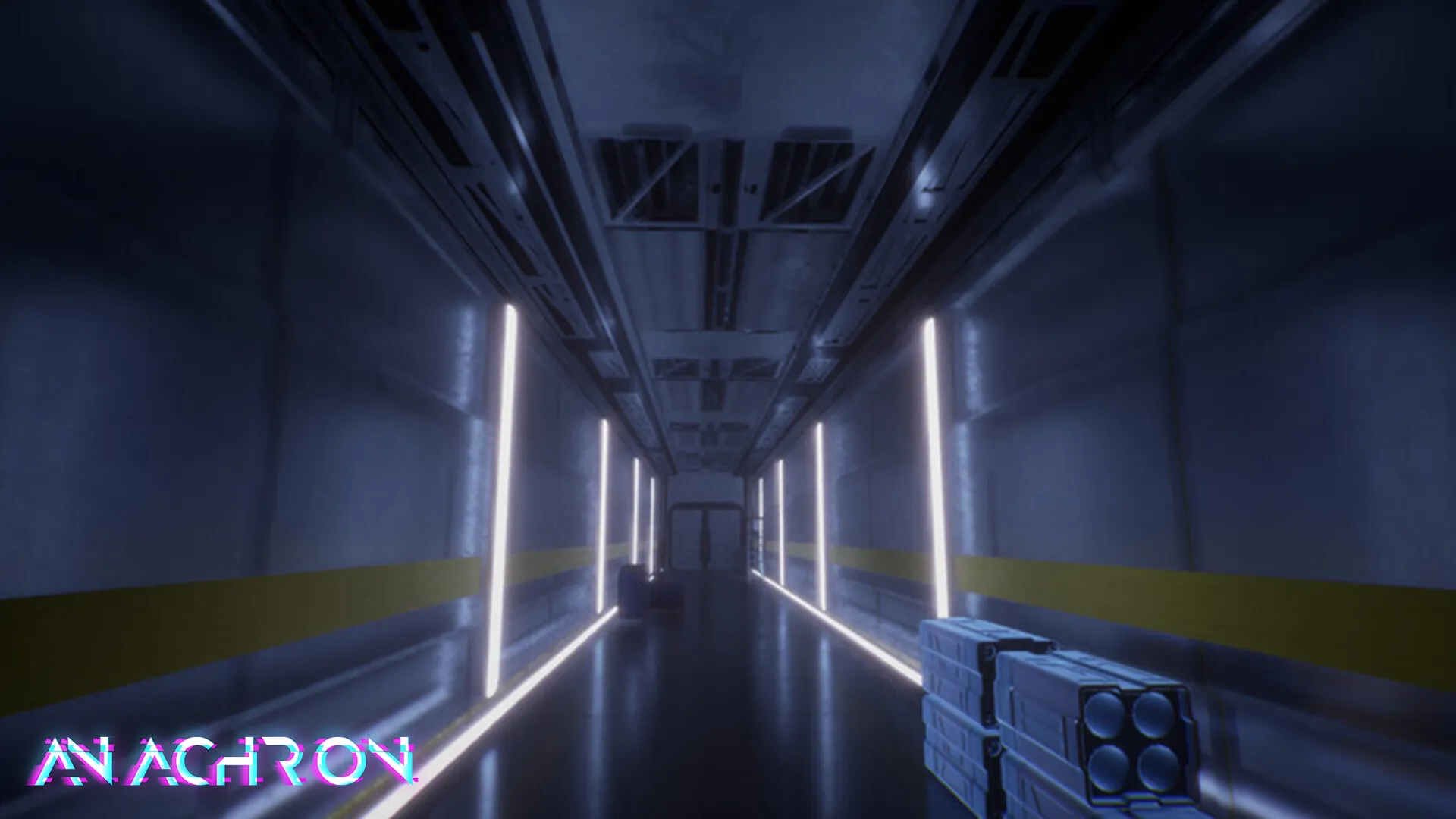 Cerebral Escape Series: Dimly lit futuristic corridor with glowing lights and stacked crates in Anachron