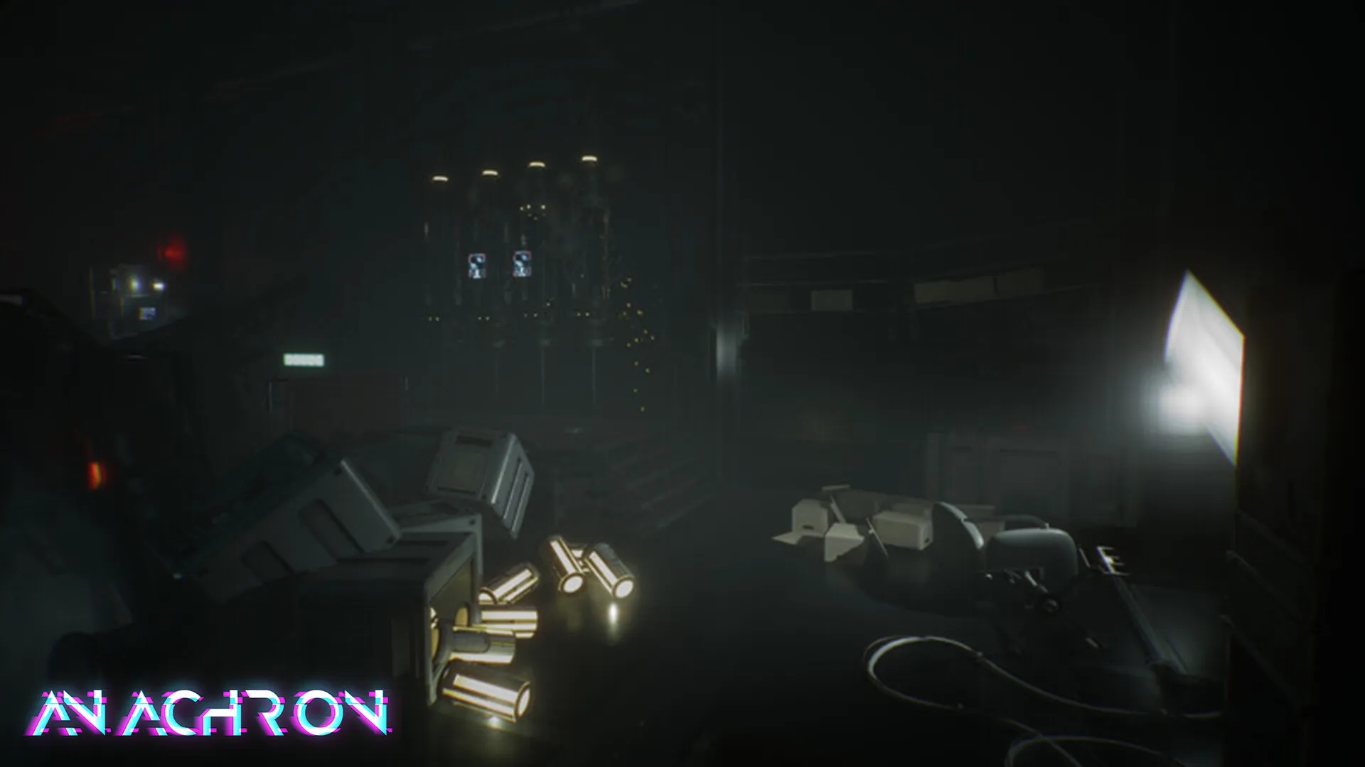 Cerebral Escape Series: Dimly lit industrial room with scattered debris and glowing lights in Anachron.