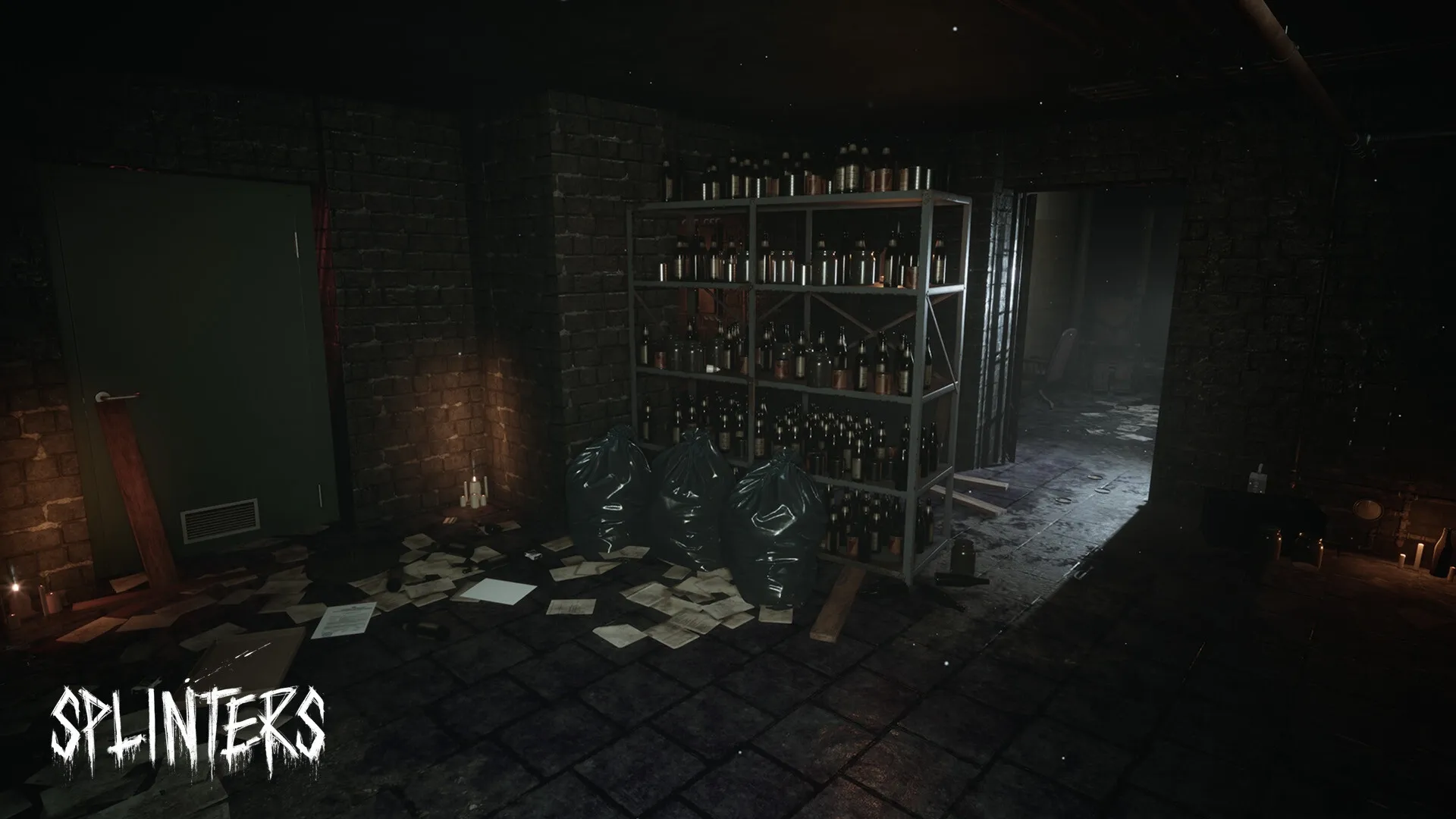 Cerebral Escape Series: Dark basement room with shelves of bottles, scattered papers, and trash bags
