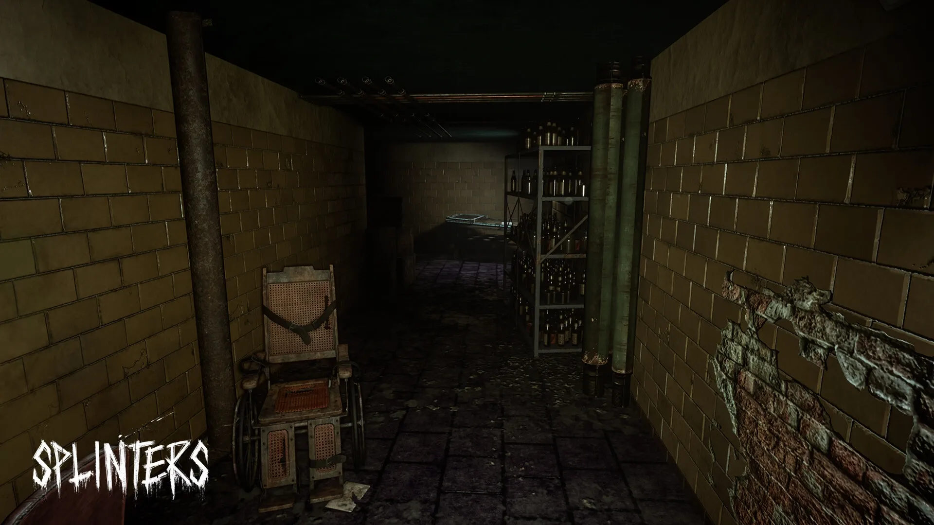 Cerebral Escape Series: Dim basement with wheelchair, shelves of bottles, and ominous lighting