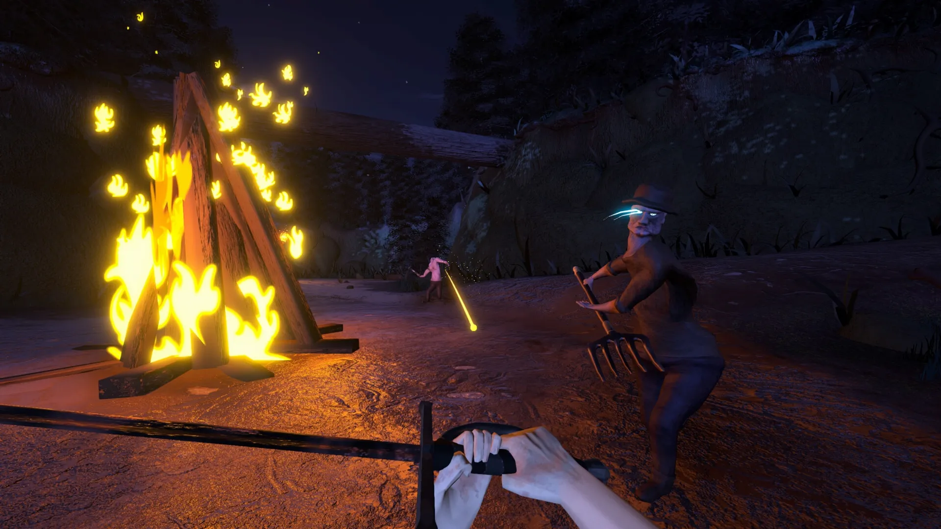 Cerulean Singe: First-person combat by campfire, player facing enemy with pitchfork at night in forest.