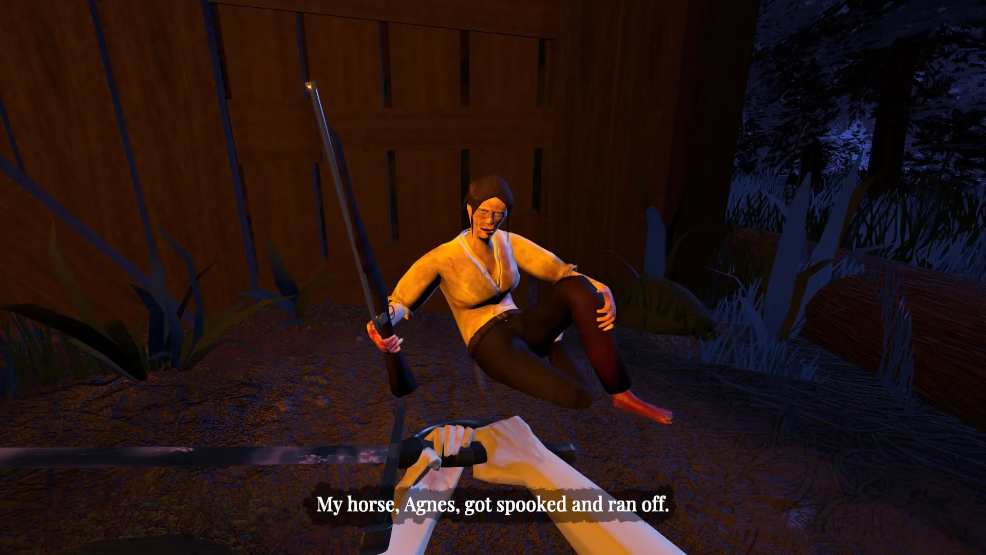 Cerulean Singe: Player encounters injured NPC holding a sword in a dimly lit wooden shack at night.