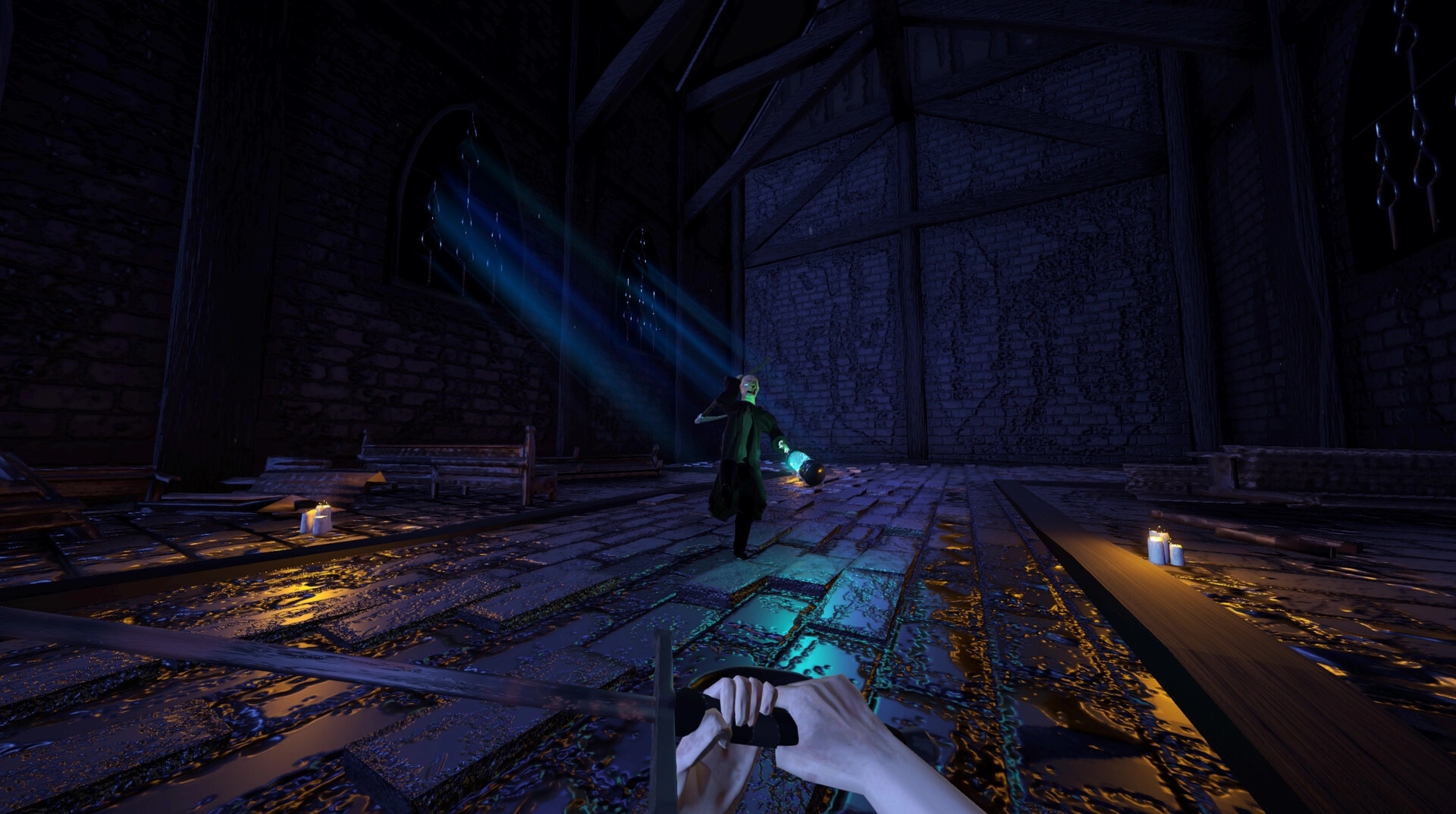 Cerulean Singe: First-person combat with glowing enemy in dimly lit cathedral hall with blue light beams
