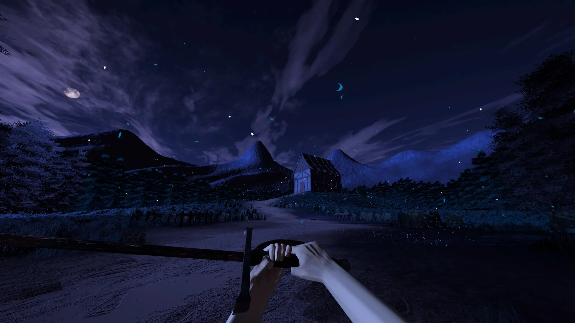 Cerulean Singe: First-person view of player holding sword approaching eerie church under starry night sky