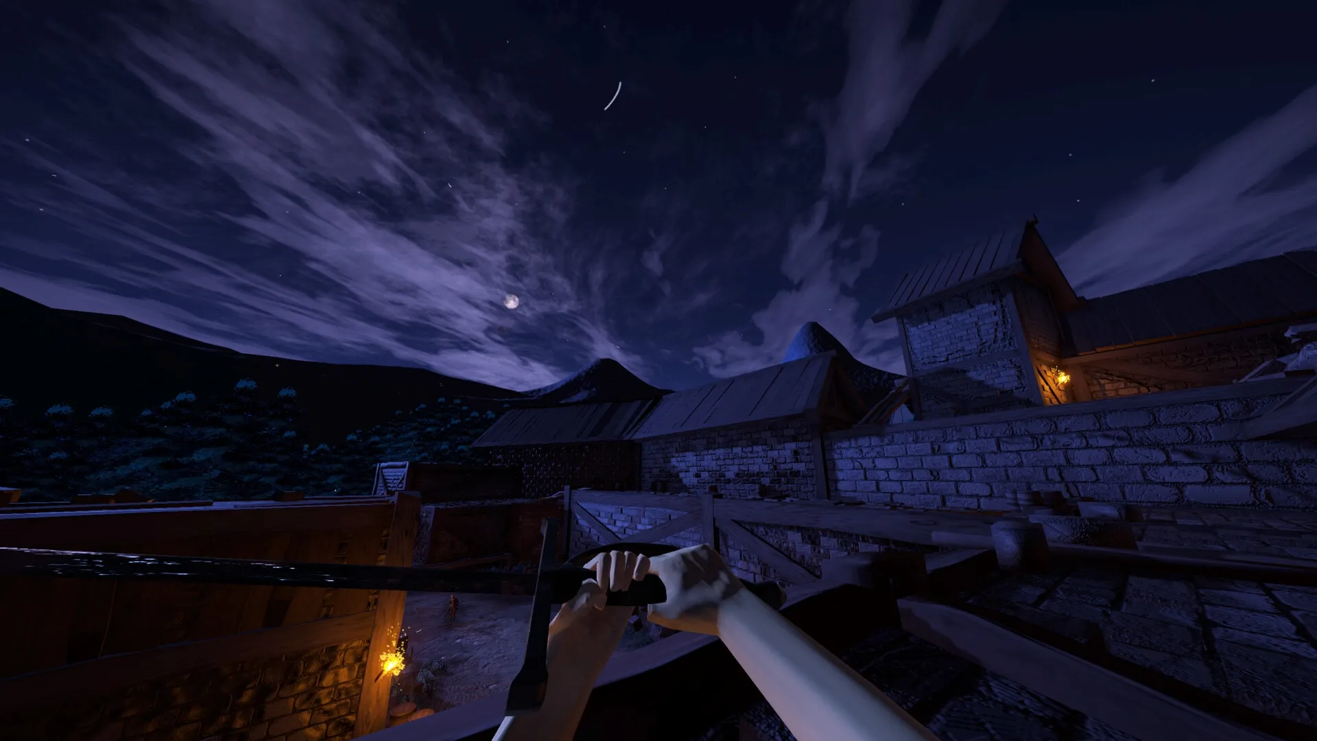Cerulean Singe: First-person view of a character holding a weapon on a moonlit village rooftop.