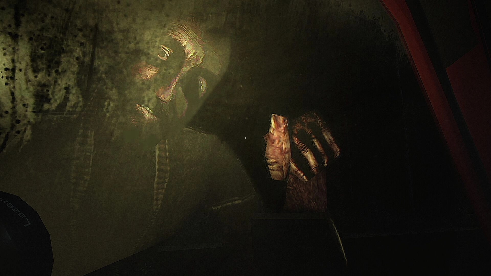 CH13: First-person view aiming at a rusty valve wheel and pipes in a dim, grimy room with crosshair.