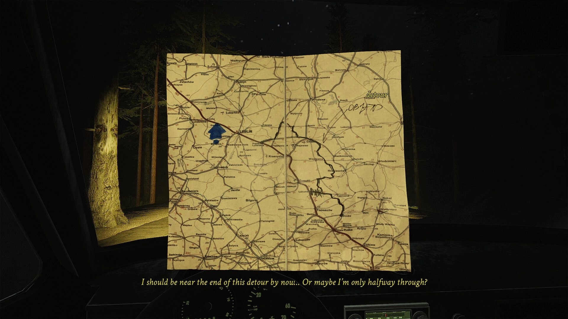 CH13: Folded road map marked detour overlaid on night forest drive, subtitle text at bottom.