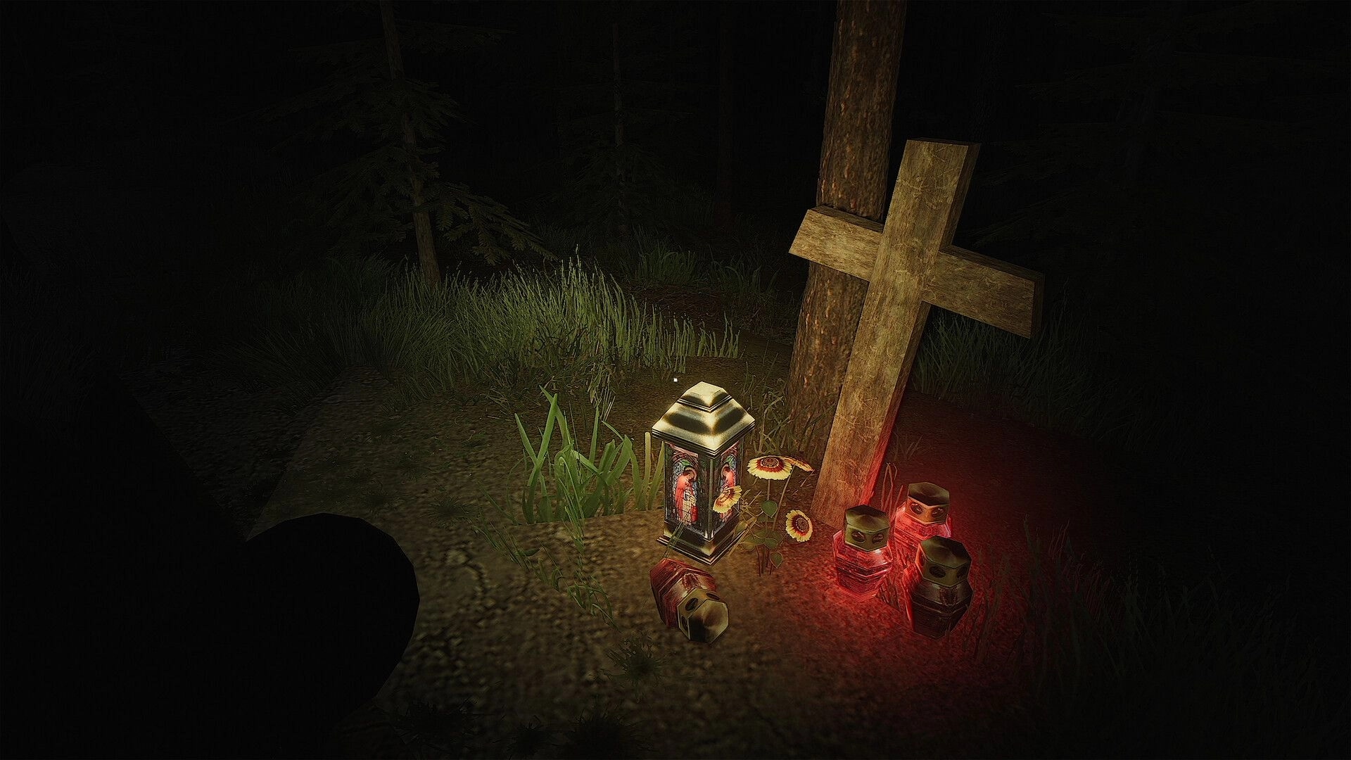 CH13: First-person view of roadside shrine with wooden cross and red candles in dark forest.