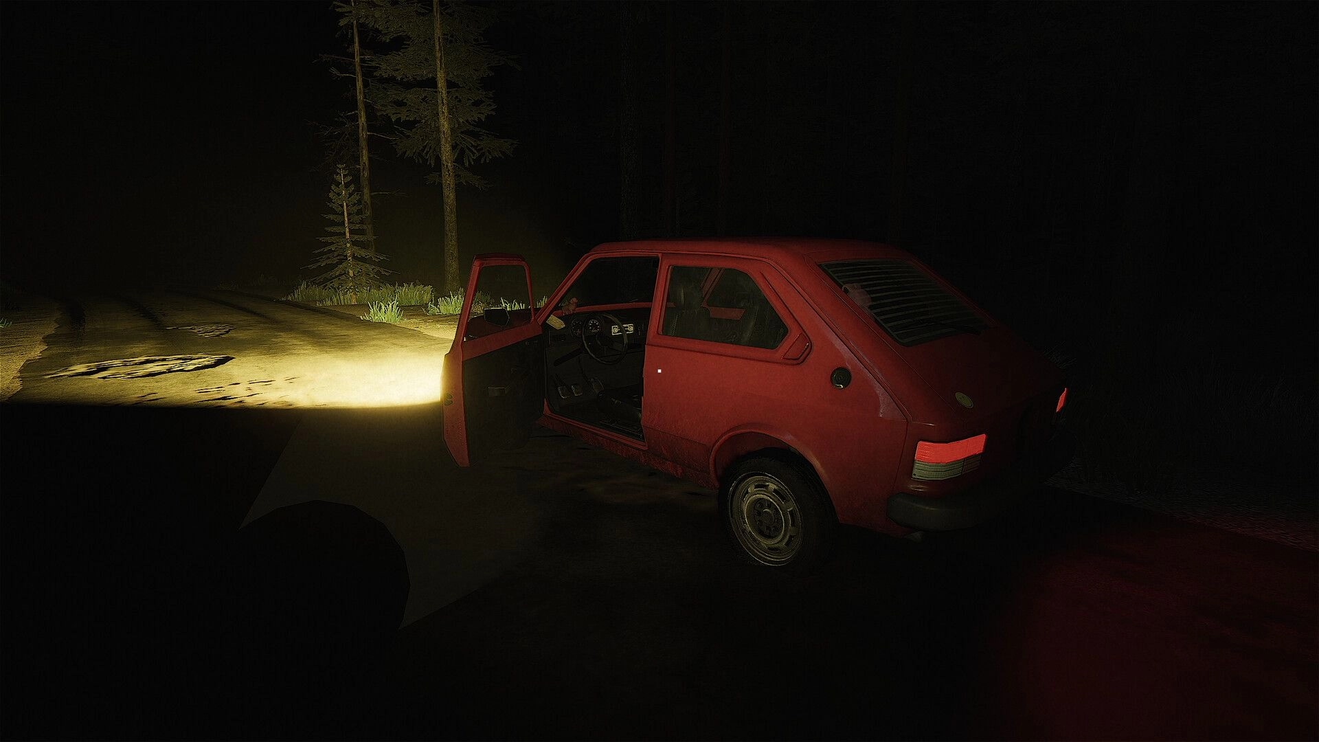 CH13: Flashlight aimed at red car with driver door open on a dark forest road at night.