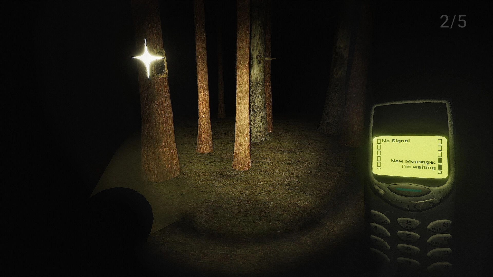 CH13: Flashlight view of dark forest with glowing markers, phone UI reads "No Signal" and "I'm waiting".